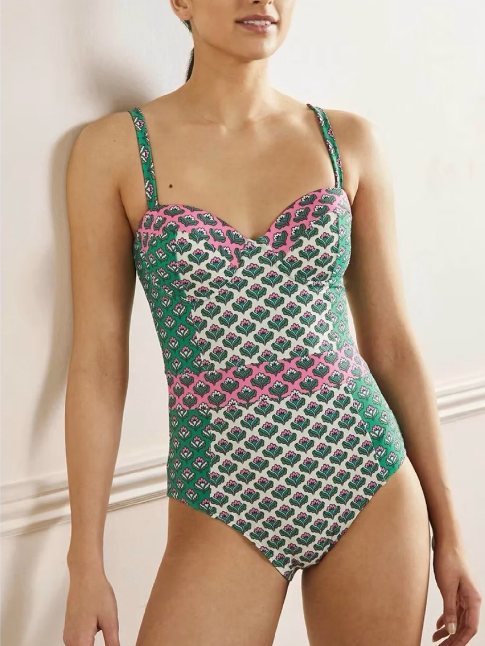 Boden Rhodes Cup Size One Piece Color-block Swimsuit Green & Pink Sz 34D